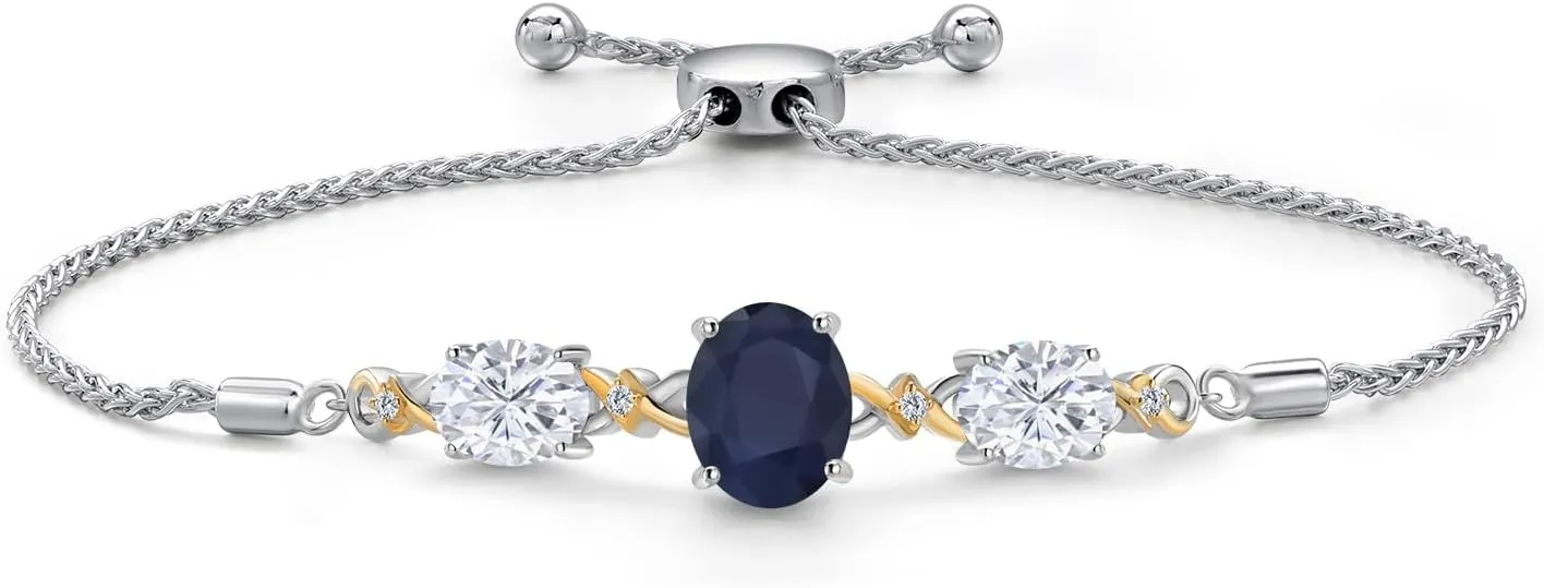 925 Silver & 10K Yellow Gold Blue Sapphire White Moissanite & Lab Grown Diamond Bracelet For Women | 6.06 Cttw | Gemstone September Birthstone | Oval 10X8MM and 8X6MM | Fully Adjustable 9 Inch