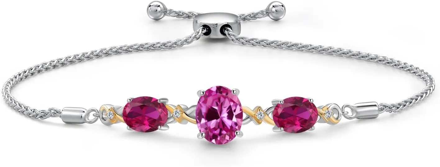 925 Silver & 10K Yellow Gold Pink Created Sapphire Red Created Ruby & Lab Grown Diamond Bracelet For Women | 6.01 Cttw | September Birthstone | Oval 10X8MM and 8X6MM | Fully Adjustable 9 Inch