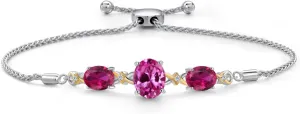 925 Silver & 10K Yellow Gold Pink Created Sapphire Red Created Ruby & Lab Grown Diamond Bracelet For Women | 6.01 Cttw | September Birthstone | Oval 10X8MM and 8X6MM | Fully Adjustable 9 Inch