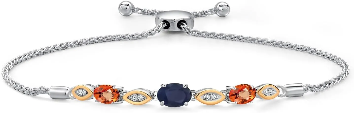 925 Silver and 10K Yellow Gold Blue Sapphire and Orange Sapphire and Lab Grown Diamond Bracelet For Women | 2.16 Cttw | Gemstone September Birthstone | Oval 7X5MM | Fully Adjustable 9 inches