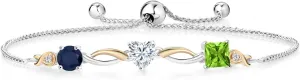 925 Silver and 10K Yellow Gold Blue Sapphire Near Colorless White Moissanite Green Peridot and Lab Grown Diamond Tennis Bracelet for Women By Keren Hanan (2.13 cttw, Adjustable Up To 9 Inch)