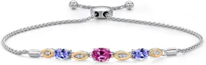 925 Silver and 10K Yellow Gold Pink Created Sapphire and Blue Tanzanite and Lab Grown Diamond Bracelet For Women | 1.86 Cttw | Gemstone September Birthstone | Oval 7X5MM | Fully Adjustable 9 inches