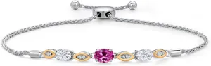 925 Silver and 10K Yellow Gold Pink Created Sapphire and White Moissanite and Lab Grown Diamond Bracelet For Women | 1.96 Cttw | Gemstone September Birthstone | Oval 7X5MM | Fully Adjustable 9 inches