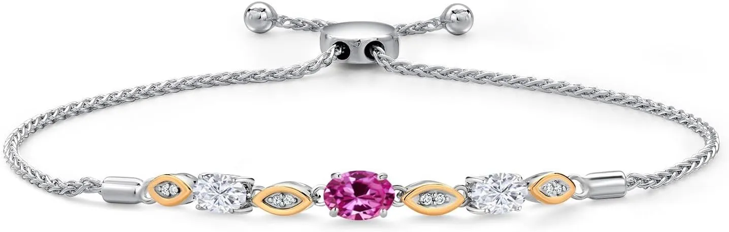 925 Silver and 10K Yellow Gold Pink Created Sapphire and White Moissanite and Lab Grown Diamond Bracelet For Women | 1.96 Cttw | Gemstone September Birthstone | Oval 7X5MM | Fully Adjustable 9 inches