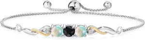 925 Sterling Silver and 10K Yellow Gold Black Sapphire White Opal and White Lab Grown Diamond Tennis Bracelet For Women (1.71 Cttw, Gemstone September Birthstone, Fully Adjustable Up to 9 Inch)
