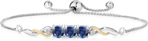 925 Sterling Silver and 10K Yellow Gold Blue Created Sapphire and White Lab Grown Diamond Tennis Bracelet For Women (1.82 Cttw, Gemstone September Birthstone, Fully Adjustable Up to 9 Inch)