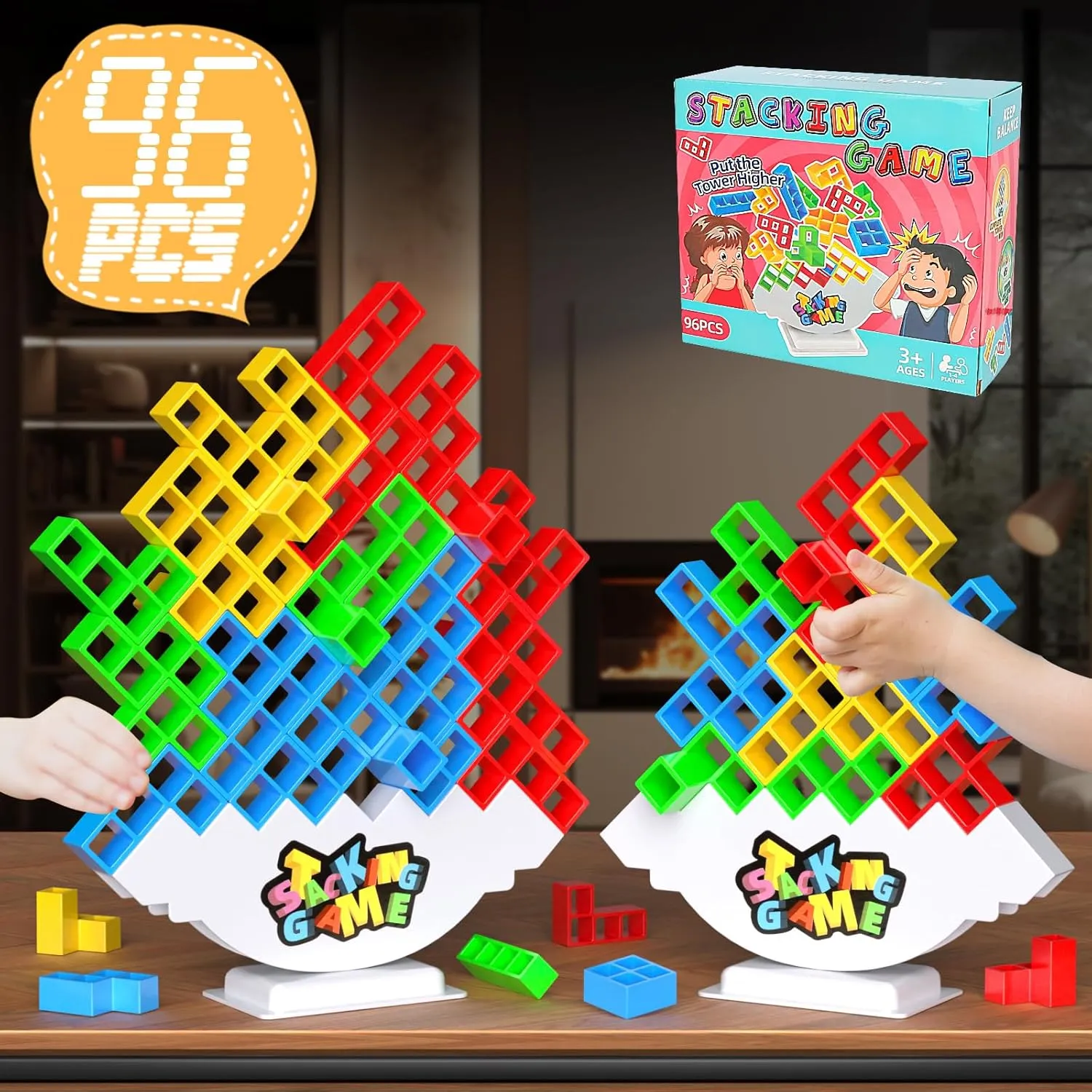 96PCS Stack Game for Adult & Kids, Tetra Board Tower Games for Family Travel Party, 4 Players Balance Stacking Toy, Team Toys Building Block