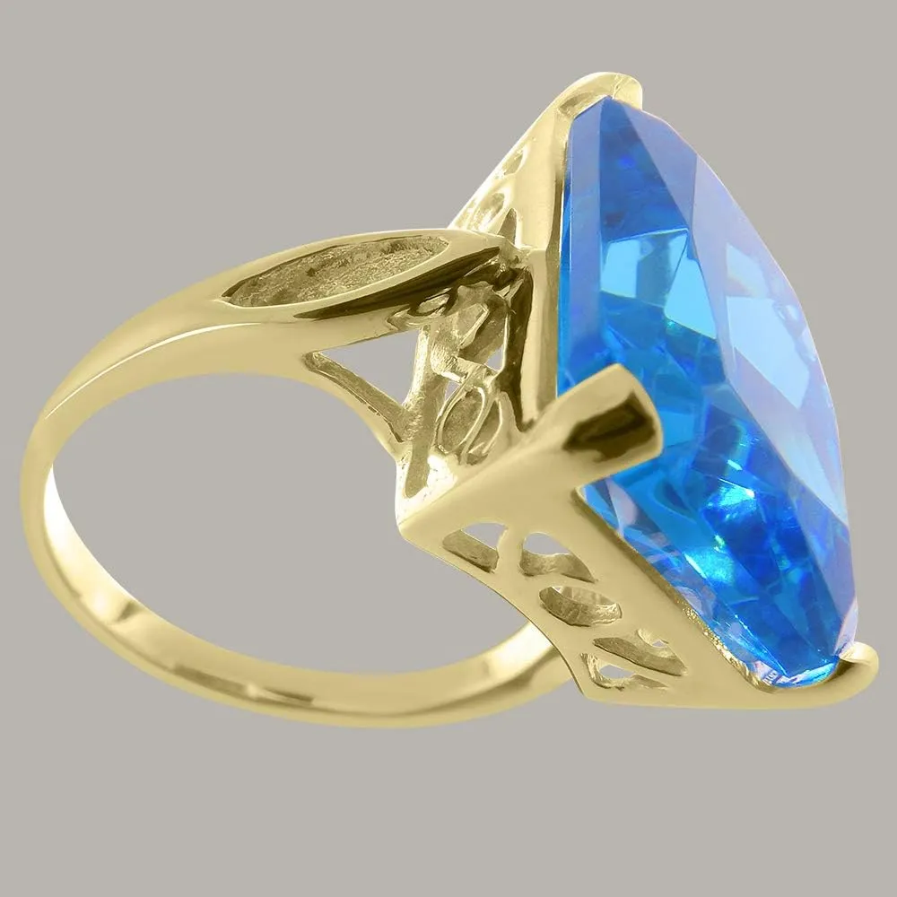 9K Yellow Gold Womens Large Solitaire Blue Cubic Zirconia CZ Basket Ring - Finger Sizes 5 to 12 Available