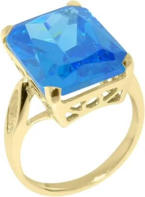9K Yellow Gold Womens Large Solitaire Blue Cubic Zirconia CZ Basket Ring - Finger Sizes 5 to 12 Available