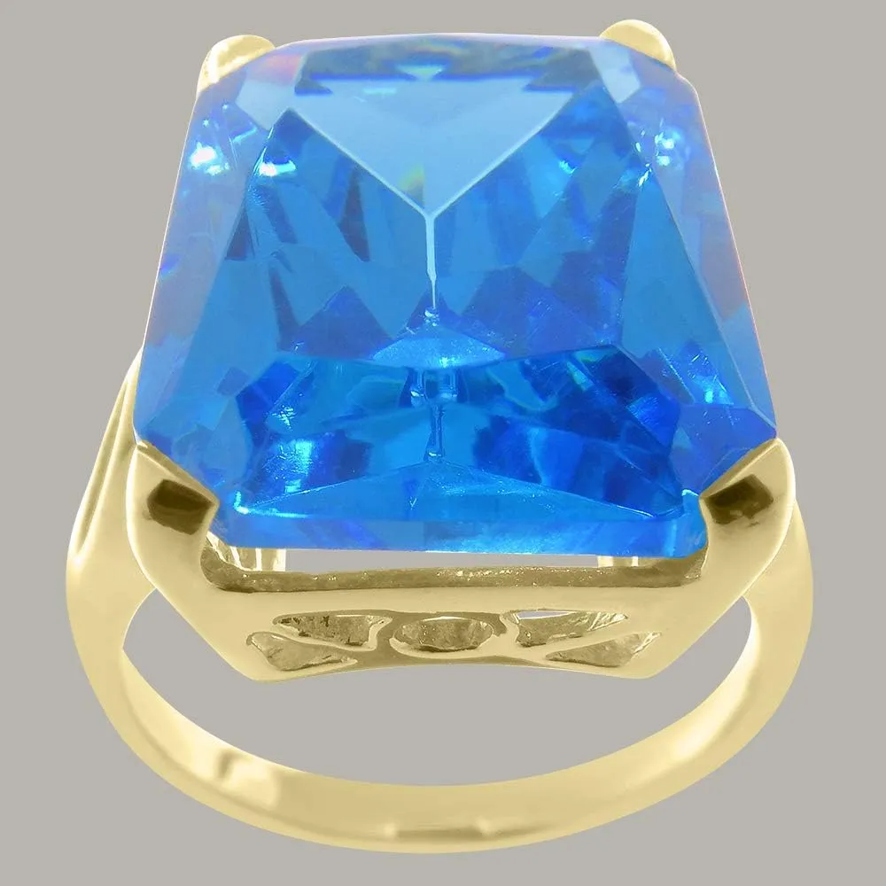 9K Yellow Gold Womens Large Solitaire Blue Cubic Zirconia CZ Basket Ring - Finger Sizes 5 to 12 Available