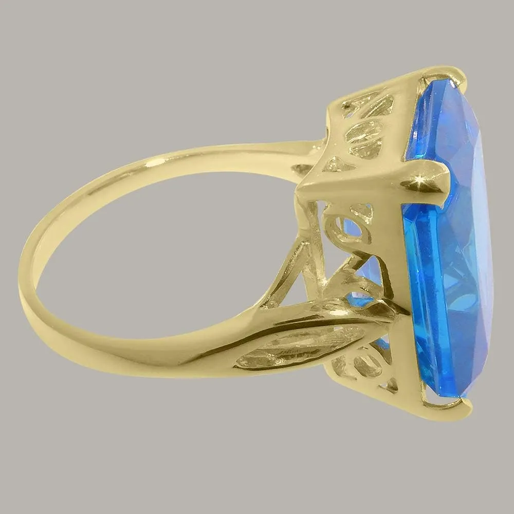 9K Yellow Gold Womens Large Solitaire Blue Cubic Zirconia CZ Basket Ring - Finger Sizes 5 to 12 Available