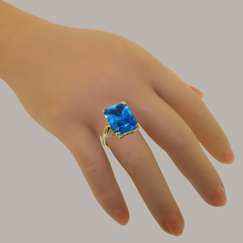 9K Yellow Gold Womens Large Solitaire Blue Cubic Zirconia CZ Basket Ring - Finger Sizes 5 to 12 Available