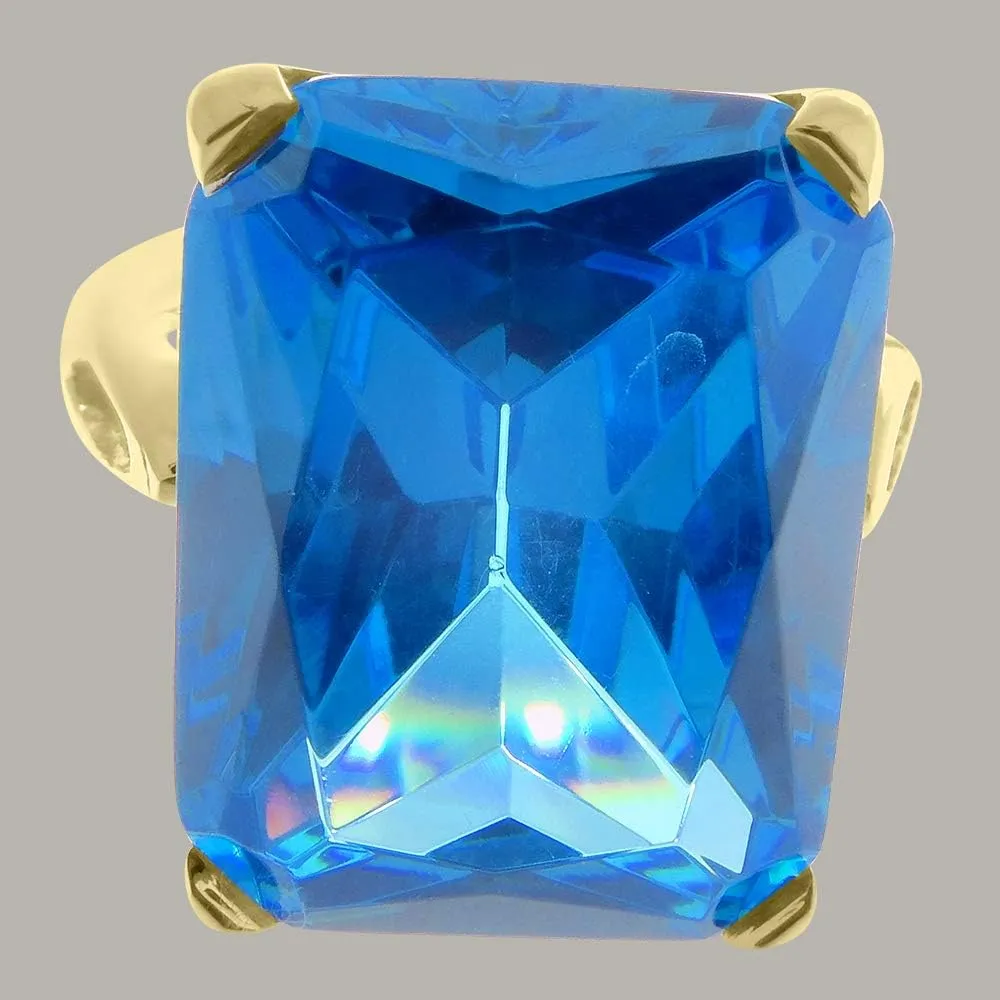 9K Yellow Gold Womens Large Solitaire Blue Cubic Zirconia CZ Basket Ring - Finger Sizes 5 to 12 Available