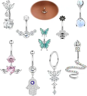 9pcs 14G Belly Button Rings for Women: Surgical Stainless Steel Navel Rings - Butterfly, Snake, Evil Eye, Heart, Hoop & Dangle Set - Silver Belly Button Piercing Jewelry