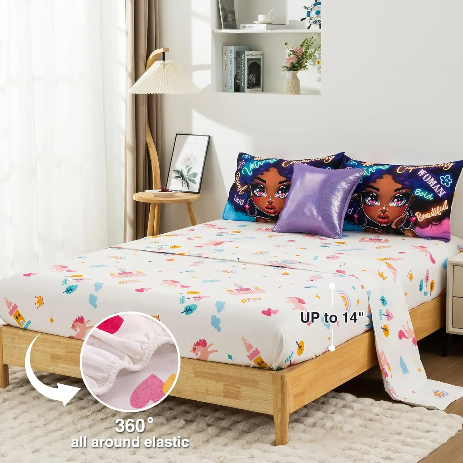 A Nice Night 6pcs Comforter Sets,Black Girl with Fashionable Attire Printing, Printed with Letters Background Kids Bedding Set,Twin