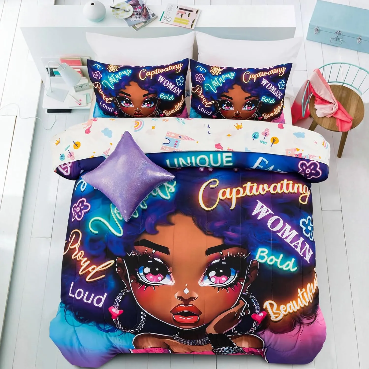 A Nice Night 6pcs Comforter Sets,Black Girl with Fashionable Attire Printing, Printed with Letters Background Kids Bedding Set,Twin