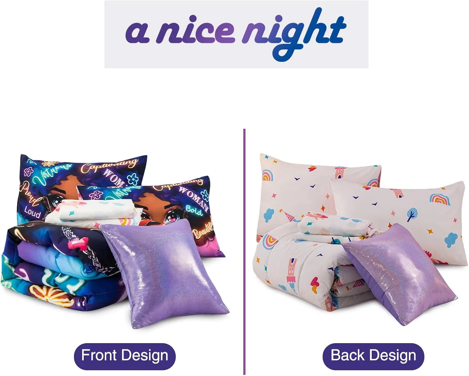 A Nice Night 6pcs Comforter Sets,Black Girl with Fashionable Attire Printing, Printed with Letters Background Kids Bedding Set,Twin