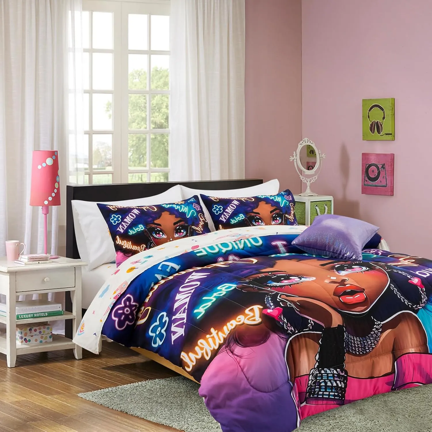 A Nice Night 6pcs Comforter Sets,Black Girl with Fashionable Attire Printing, Printed with Letters Background Kids Bedding Set,Twin