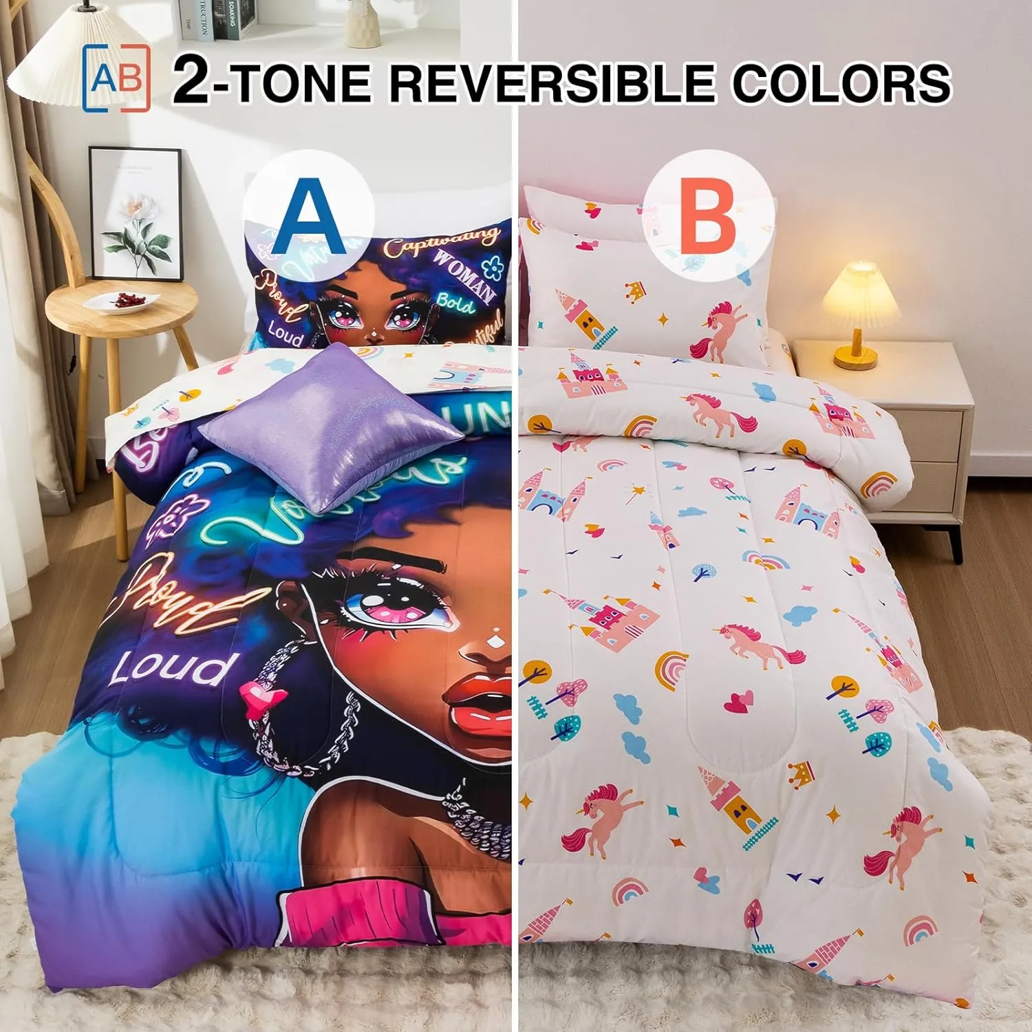 A Nice Night 6pcs Comforter Sets,Black Girl with Fashionable Attire Printing, Printed with Letters Background Kids Bedding Set,Twin