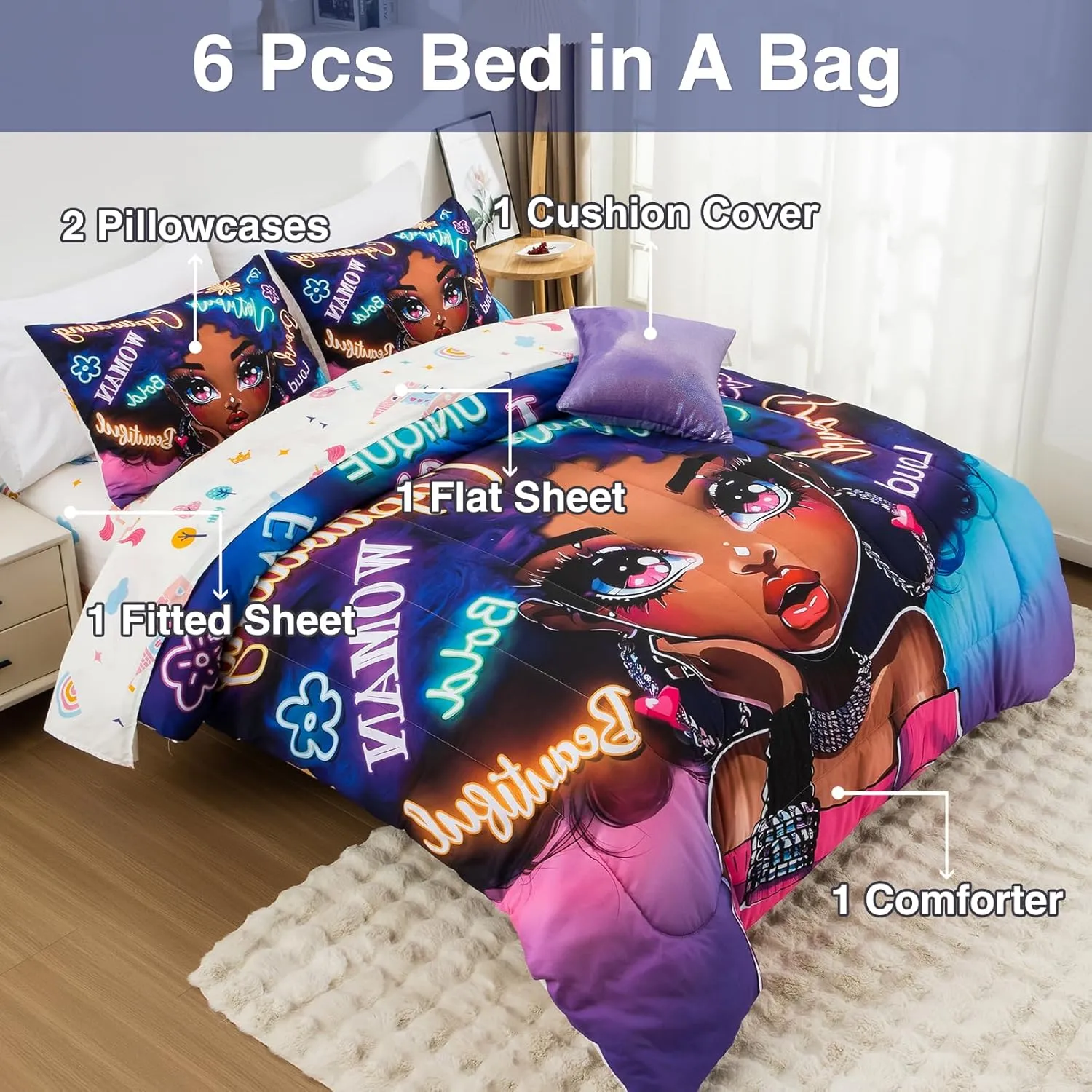 A Nice Night 6pcs Comforter Sets,Black Girl with Fashionable Attire Printing, Printed with Letters Background Kids Bedding Set,Twin