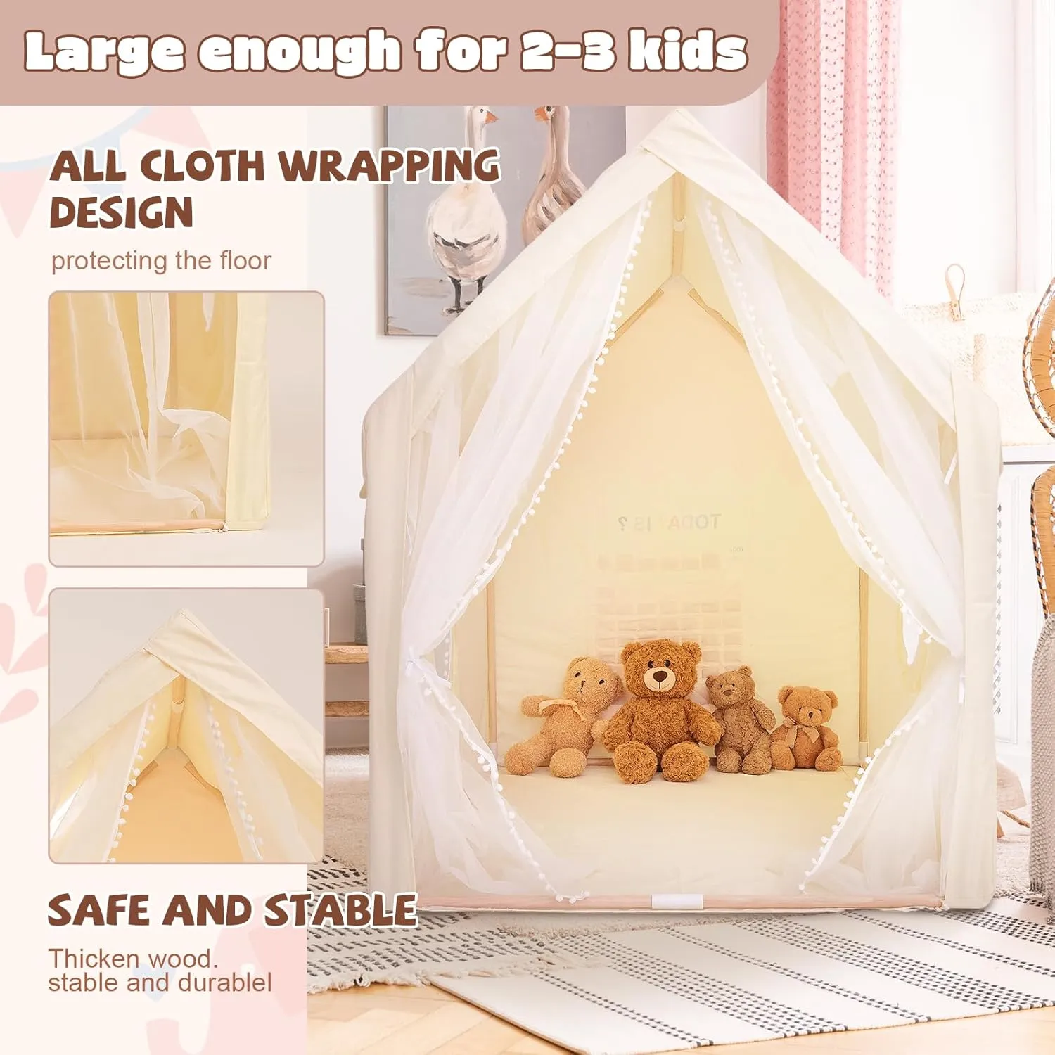 Adena Montessori Kids Play Tent with Calendar,Princess Playhouse for Girls,Toddler Children Indoor Outdoor Large Pink Tent Girl Castle Game,Includes Dates Weather Holidays Seasons,3-10 Year Baby Gift