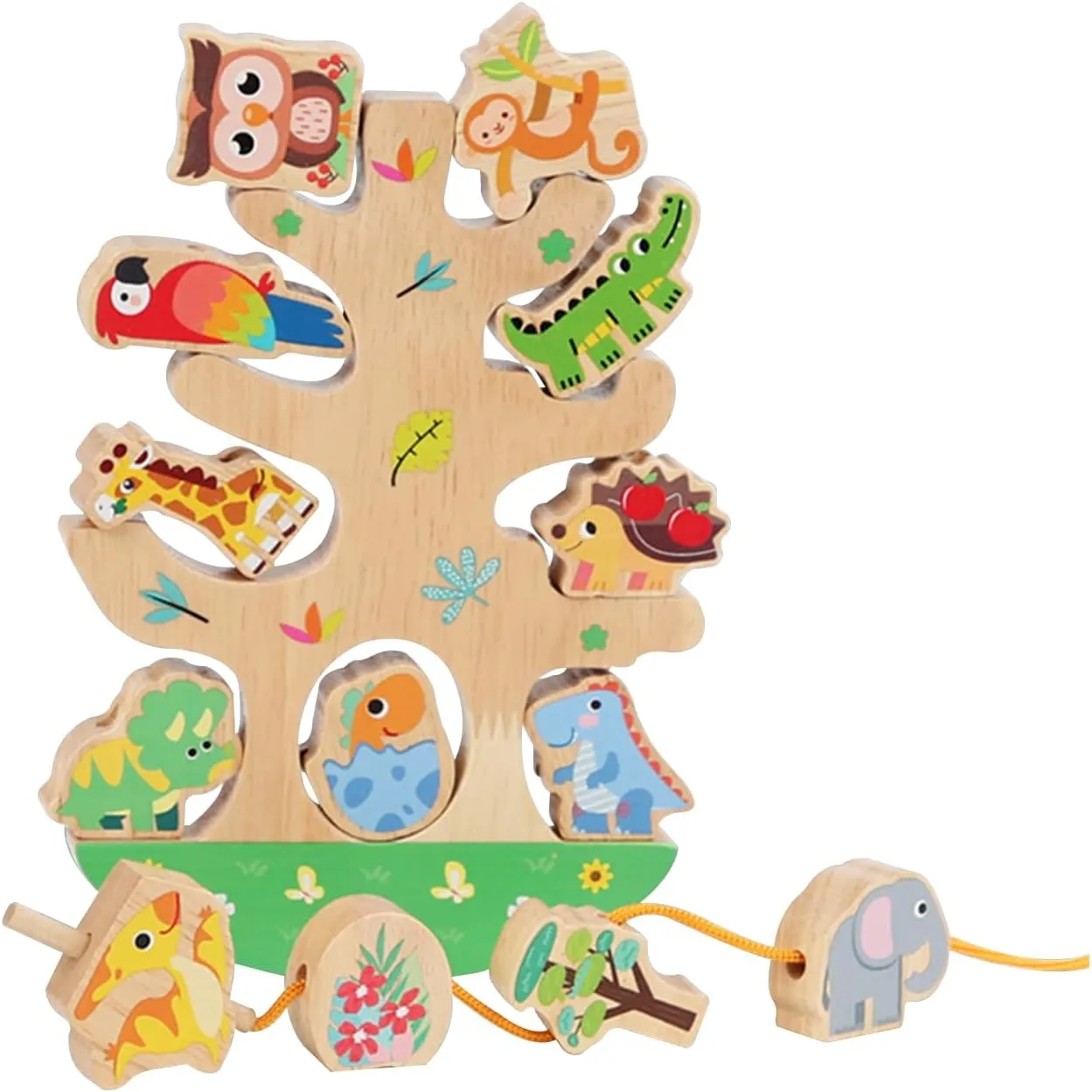 Adena Montessori Wooden Stacking Forest,13 Pcs Wooden Stacking & Balancing Toy,Wooden Animal Block Set for Children and Toddlers,Activities Early Educational Toys String & Lacing Beads Games for Kids