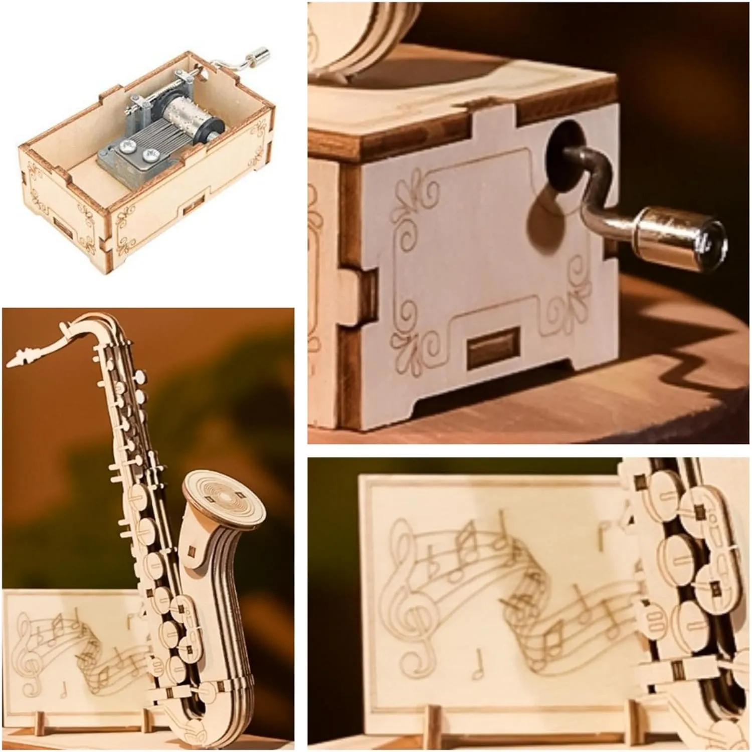 Adult Wooden Puzzle Musical Instrument Series Saxophone 3D Wooden Puzzle Music Box Desktop Decoration DIY Crafts Birthday Gift for Teens and Adults