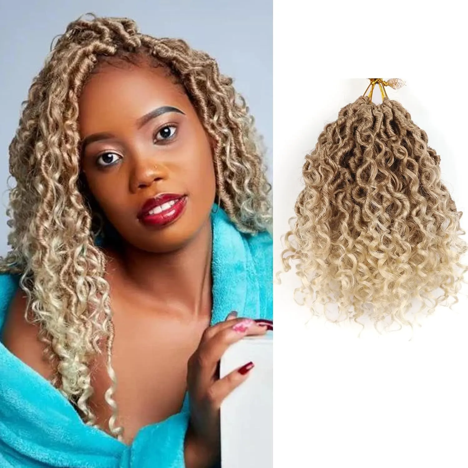 Aeagoo Blonde Goddess Locs Crochet Hair 8 Inch 7 Packs Bohemian Locs Crochet Hair with Curly Ends Short Pre Looped Crochet Hair for Black Women (8 Inch,27/613)