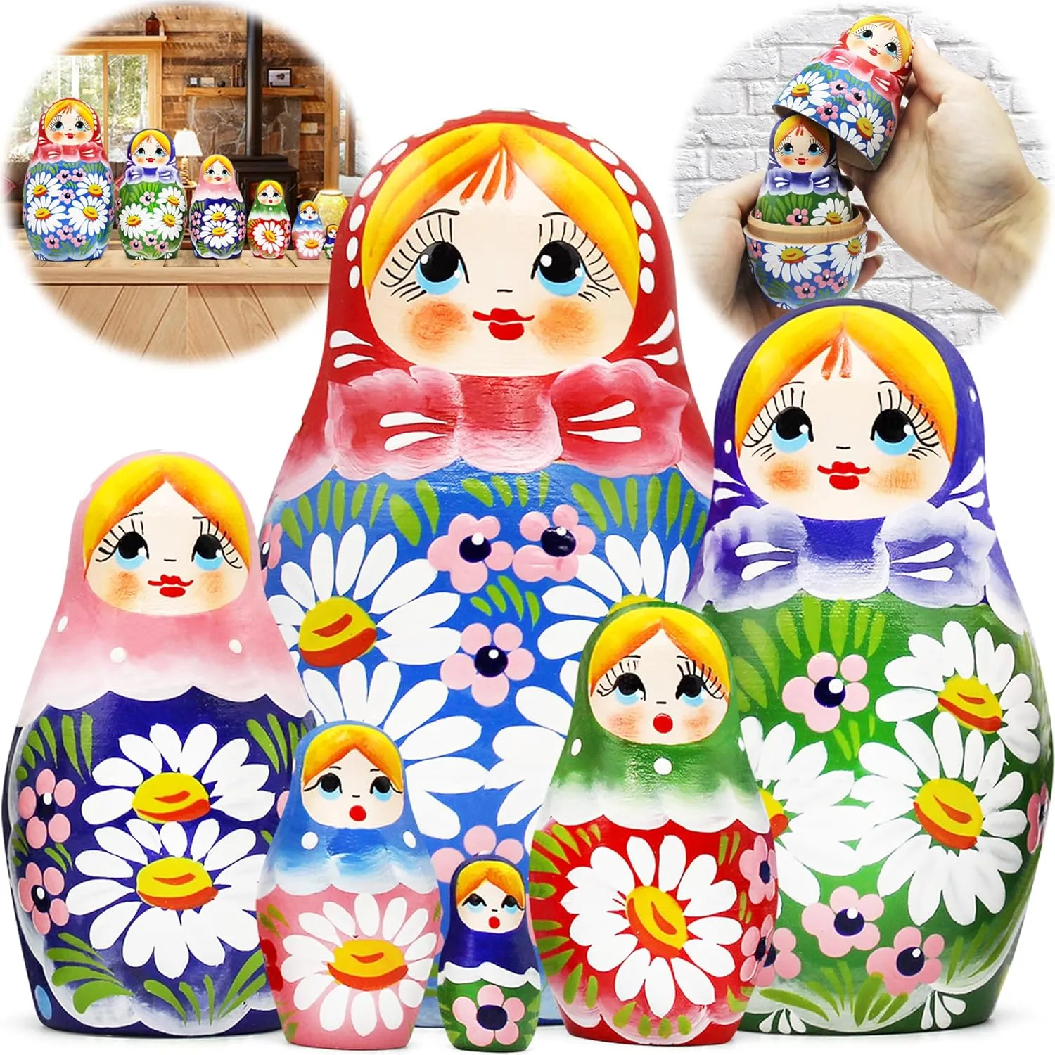 AEVVV Traditional Russian Nesting Dolls Set of 6 pcs, Wooden Russian Dolls Nesting Dolls Floral Design, Handmade Matryoshka Dolls Meadow Flower Decorations