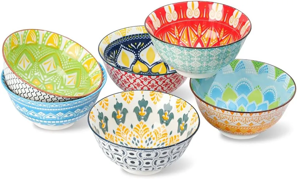 AHX Cereal Bowls Porcelain 23 oz - Salad Soup Bowl Colorful 6.25" - Deep Bowls for Serving Ramen | Noodle | Pasta | Pho | Oatmeal - Microwave and Dishwasher Safe - Set of 6