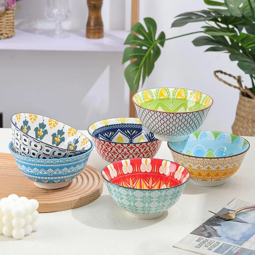 AHX Cereal Bowls Porcelain 23 oz - Salad Soup Bowl Colorful 6.25" - Deep Bowls for Serving Ramen | Noodle | Pasta | Pho | Oatmeal - Microwave and Dishwasher Safe - Set of 6
