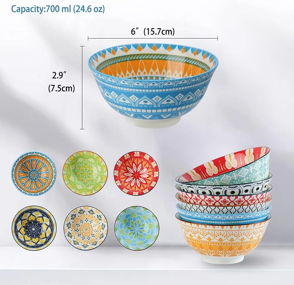 AHX Cereal Bowls Porcelain 23 oz - Salad Soup Bowl Colorful 6.25" - Deep Bowls for Serving Ramen | Noodle | Pasta | Pho | Oatmeal - Microwave and Dishwasher Safe - Set of 6