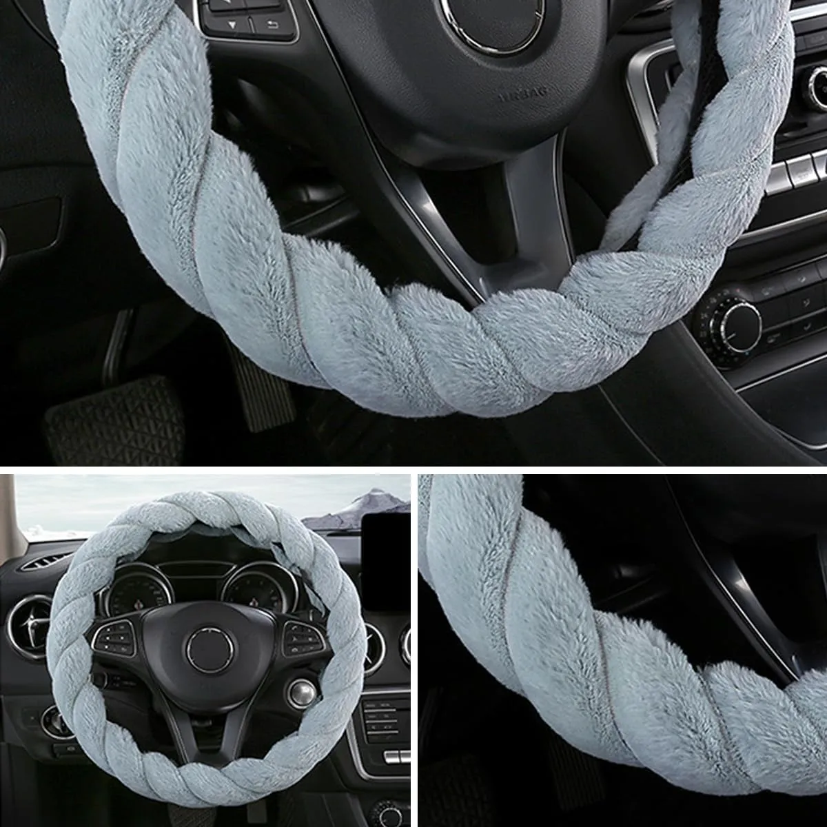AICEL Furry Car Steering Wheel Cover, 15 inch Automotive Fluffy Soft Breathable Warm Non-Slip Vehicle Steering Wheel Protector Interior Decoration for Man Women Girl, Universal for Truck SUV