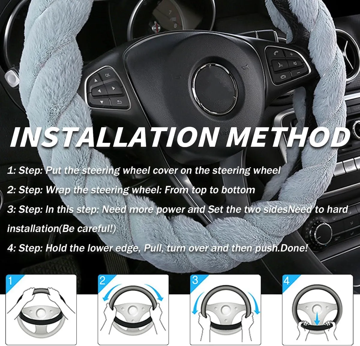 AICEL Furry Car Steering Wheel Cover, 15 inch Automotive Fluffy Soft Breathable Warm Non-Slip Vehicle Steering Wheel Protector Interior Decoration for Man Women Girl, Universal for Truck SUV