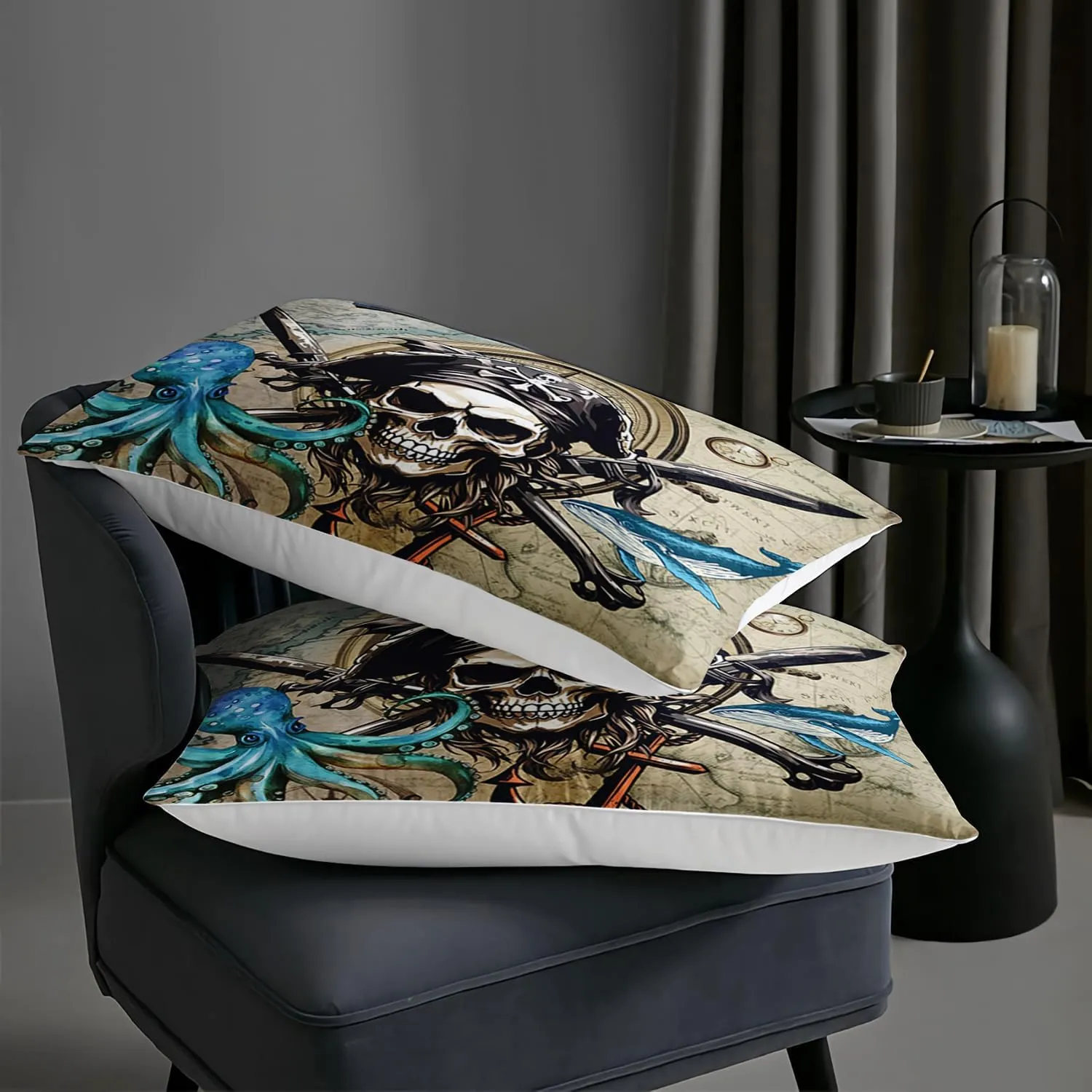 AILONEN 3D Pirate Captain Skull Comforter Set Twin Size, Octopus Dolphin Bedding Set for Kids Boys Girls,Nautical Theme Bed in a Bag Duvet Set,1 Quilt and 2 Pillowcases,3PCS