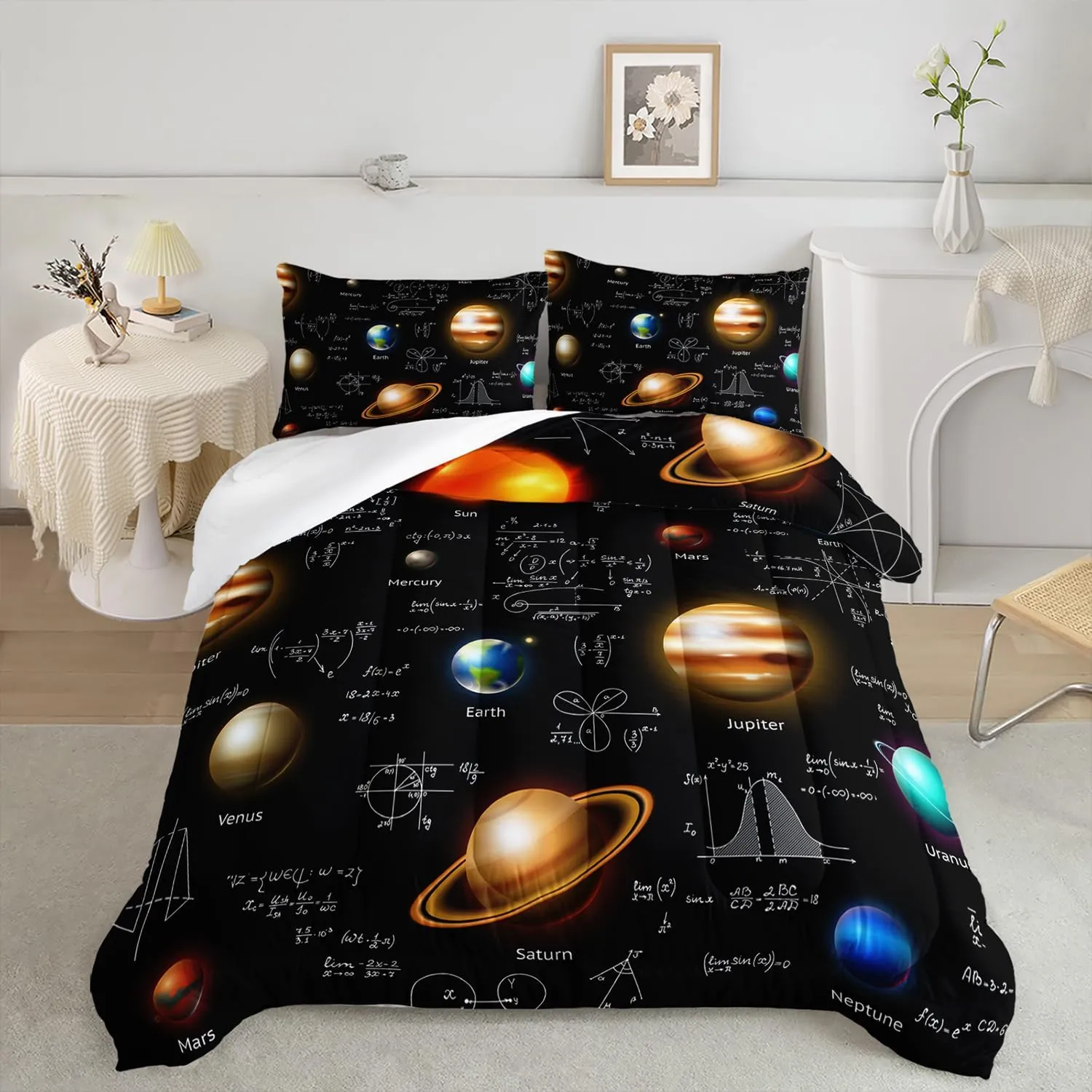 AILONEN Boys Solar System Twin Queen Size Comforter Set,Math Planet Galaxy Bedding Set for Room Decor,3 Pieces Kids Bed in a Bag Outer Space Print Comforter and 2 Pillowcases