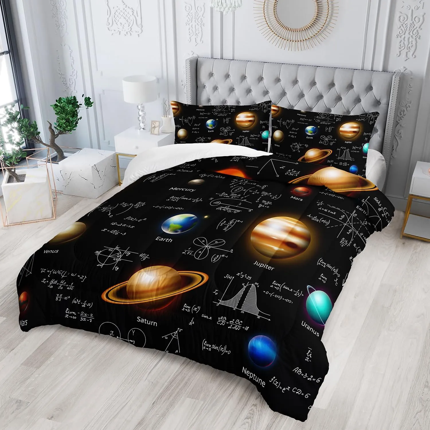 AILONEN Boys Solar System Twin Queen Size Comforter Set,Math Planet Galaxy Bedding Set for Room Decor,3 Pieces Kids Bed in a Bag Outer Space Print Comforter and 2 Pillowcases