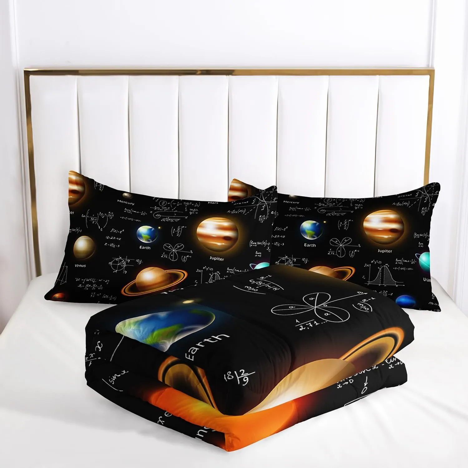 AILONEN Boys Solar System Twin Queen Size Comforter Set,Math Planet Galaxy Bedding Set for Room Decor,3 Pieces Kids Bed in a Bag Outer Space Print Comforter and 2 Pillowcases