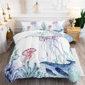 AILONEN Cartoon Jellyfish Comforter Set Twin Size, Teal Blue Ocean Beach Coastal Bedding Set,Boys Girls Cute Animal Bed in a Bag 3 Pieces,Twin Size Quilt and 2 Pillowcases