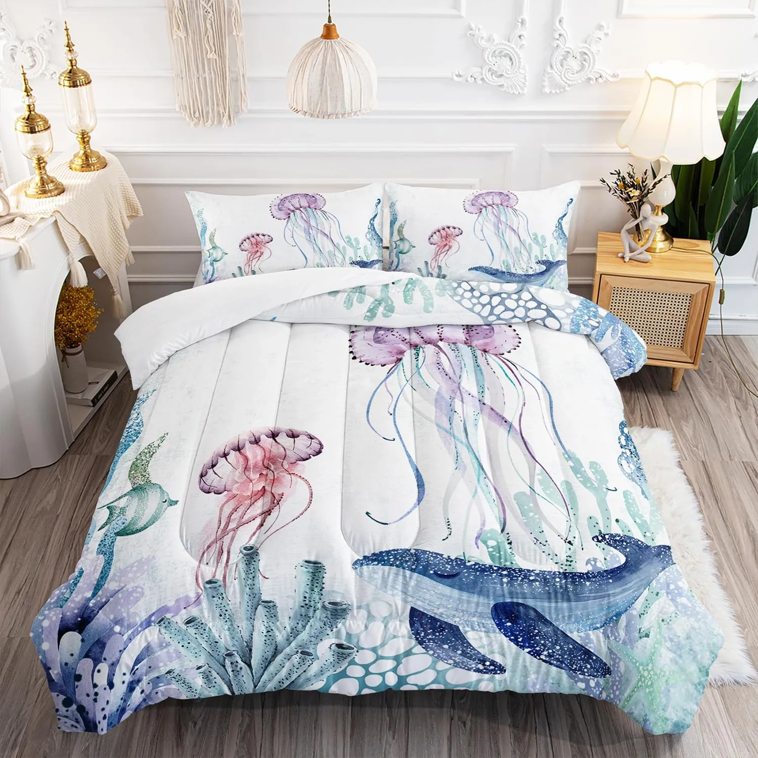 AILONEN Cartoon Jellyfish Comforter Set Twin Size, Teal Blue Ocean Beach Coastal Bedding Set,Boys Girls Cute Animal Bed in a Bag 3 Pieces,Twin Size Quilt and 2 Pillowcases