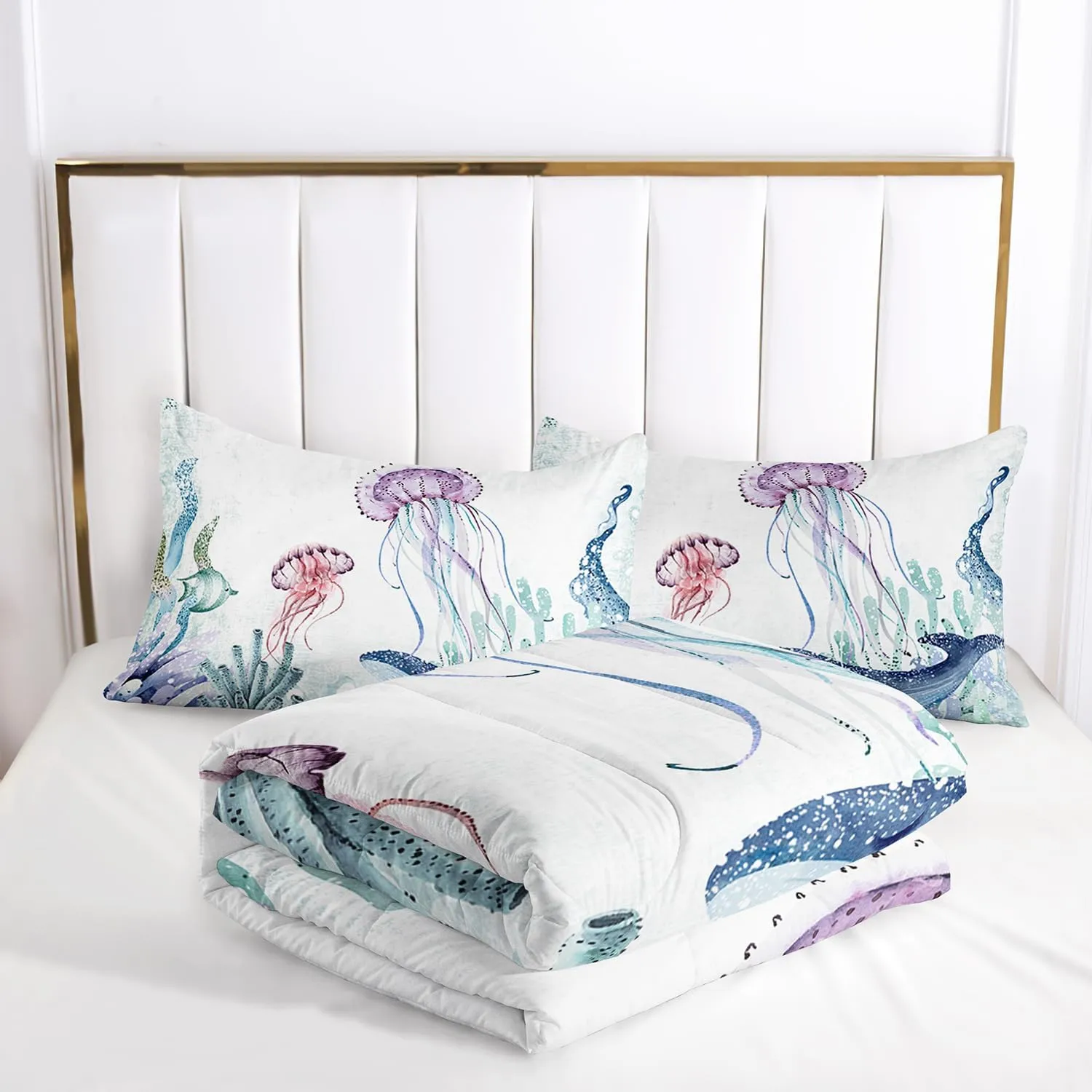 AILONEN Cartoon Jellyfish Comforter Set Twin Size, Teal Blue Ocean Beach Coastal Bedding Set,Boys Girls Cute Animal Bed in a Bag 3 Pieces,Twin Size Quilt and 2 Pillowcases