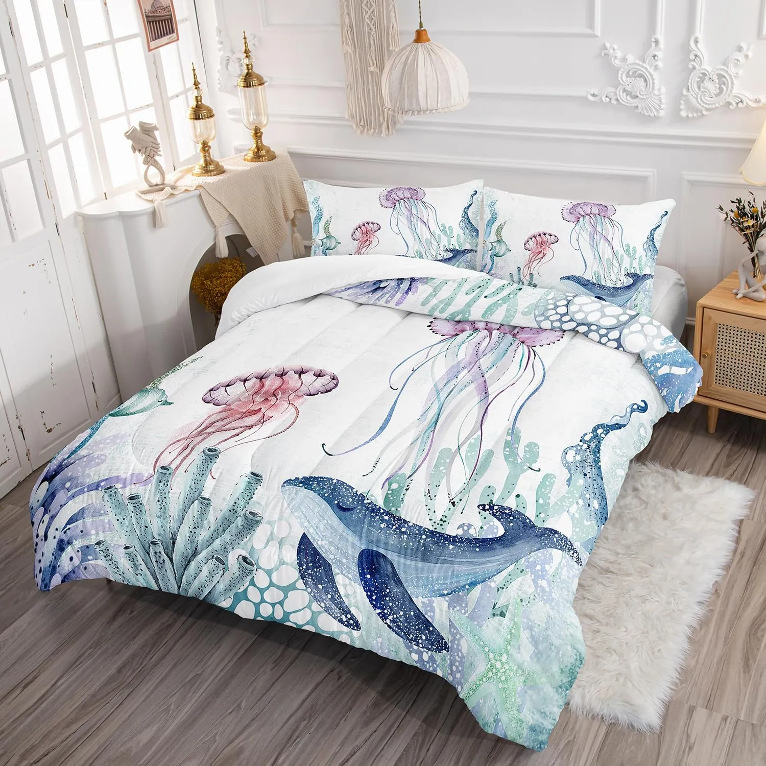 AILONEN Cartoon Jellyfish Comforter Set Twin Size, Teal Blue Ocean Beach Coastal Bedding Set,Boys Girls Cute Animal Bed in a Bag 3 Pieces,Twin Size Quilt and 2 Pillowcases
