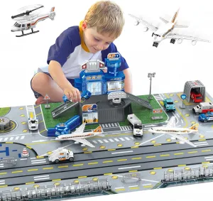 Airplane Toy Set - Airport Playset for Toddlers with Trucks,Planes, Helicopter, Signs and Fabric Airport Playmat, Interactive Early Learning Toys Birthday Gift for Boys and Girls Age 2 3 4 5 