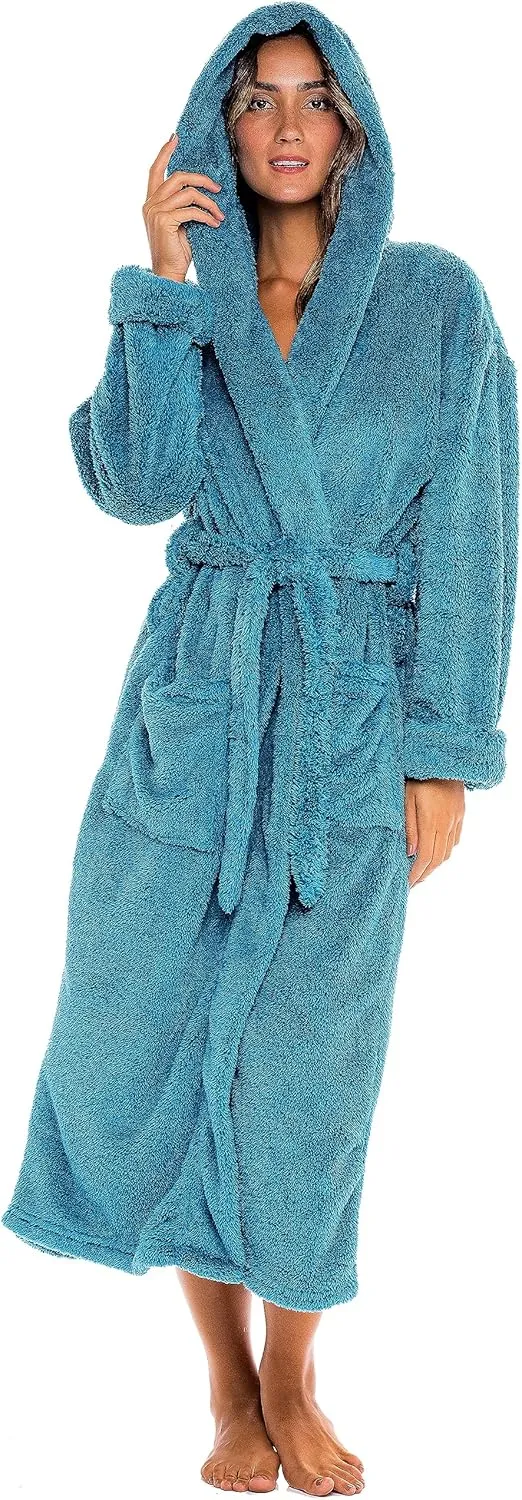 Alexander Del Rossa Womens Fluffy, Fuzzy Plush Robe - Long Hooded, Plus Size