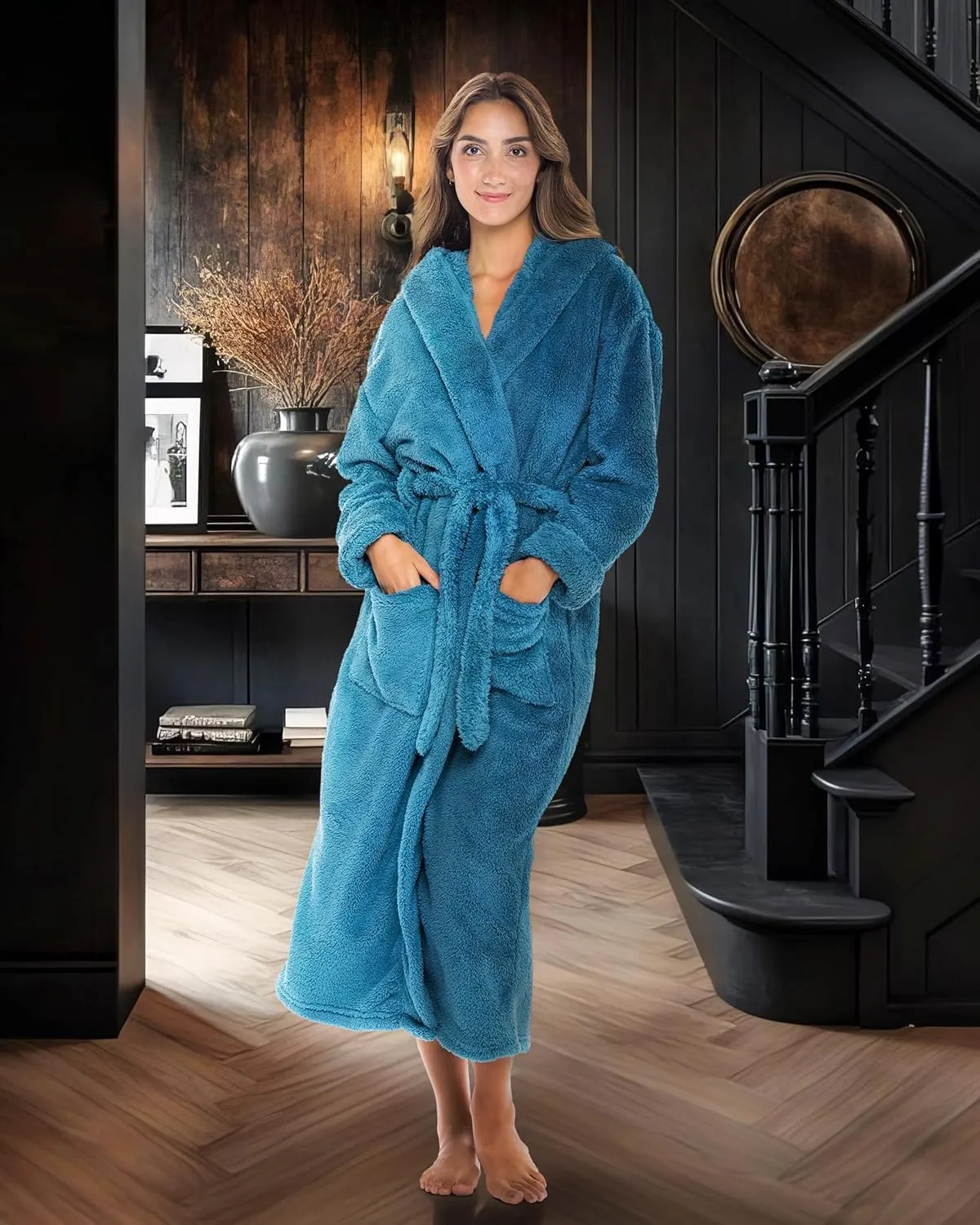 Alexander Del Rossa Womens Fluffy, Fuzzy Plush Robe - Long Hooded, Plus Size