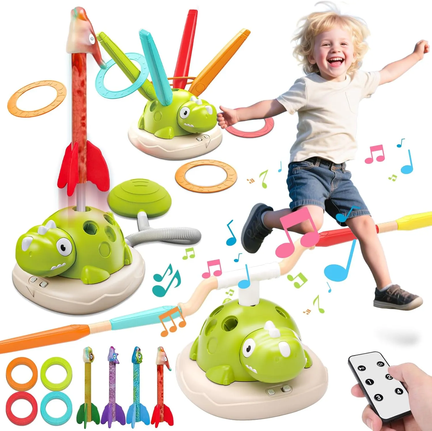 Aliex 3 in 1 Dinosaur Musical Jumping, Toss Ring and Stomping Launch Rocket Launcher, Indoor & Outdoor Sports Toys with Remote Control for Kids Ages 3-8 4-6,Active Outside Toy Gift for Boys and Girls