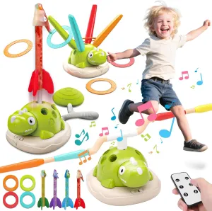 Aliex 3 in 1 Dinosaur Musical Jumping, Toss Ring and Stomping Launch Rocket Launcher, Indoor & Outdoor Sports Toys with Remote Control for Kids Ages 3-8 4-6,Active Outside Toy Gift for Boys and Girls