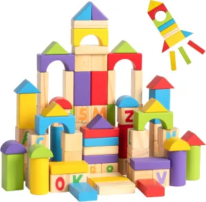 Alphabet Number Wooden Building Blocks Set -100 Blocks in 5 Water Paint Colors and 7 Shapes. Preschool Montessori Kids Baby Toys. Stacking Learning Toys for Toddlers. Age 18 Months  