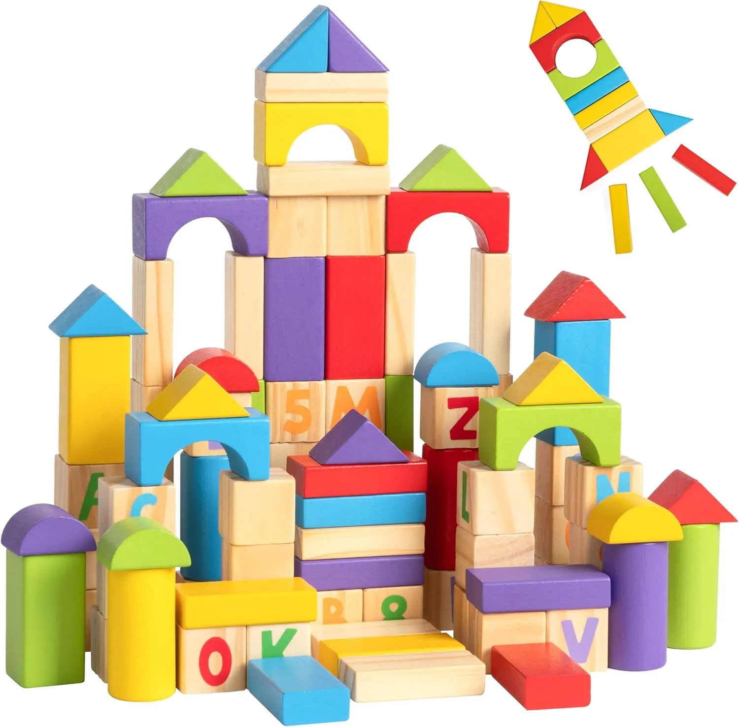 Alphabet Number Wooden Building Blocks Set -100 Blocks in 5 Water Paint Colors and 7 Shapes. Preschool Montessori Kids Baby Toys. Stacking Learning Toys for Toddlers. Age 18 Months  