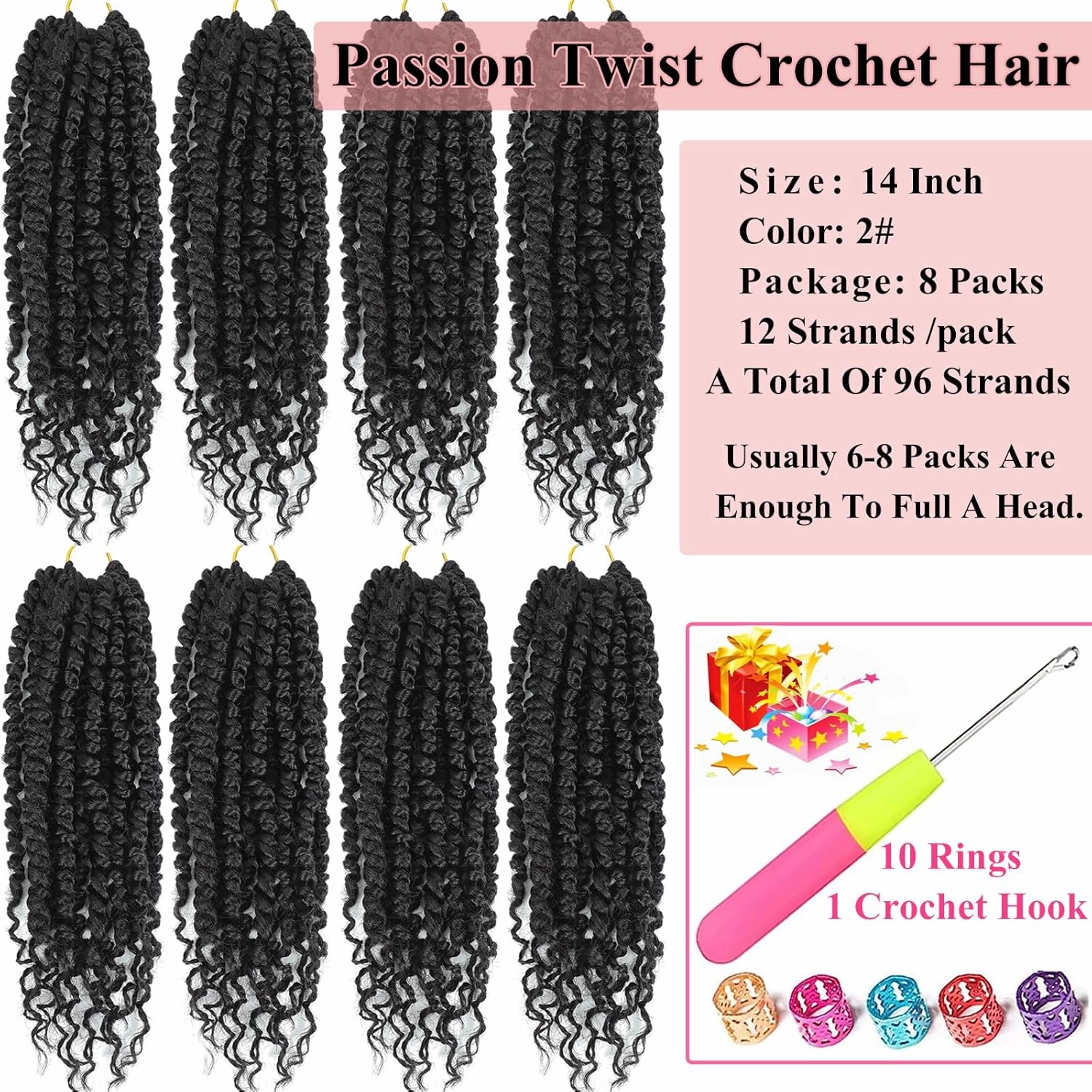 Alrence Passion Twist Crochet Hair 8 Packs Pre twisted Passion Twist Hair For Women Soft Bohe Pre-looped Crochet Braids (10 Inch (Pack of 8), 2#)